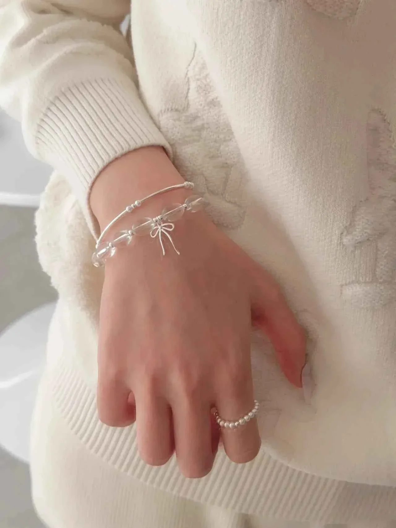 "White lce Crystal" 925 Sterling Silver Bowknot WhiteCrystal Bead Bracelet-Delicate,Pure, and Elegant - Image 7